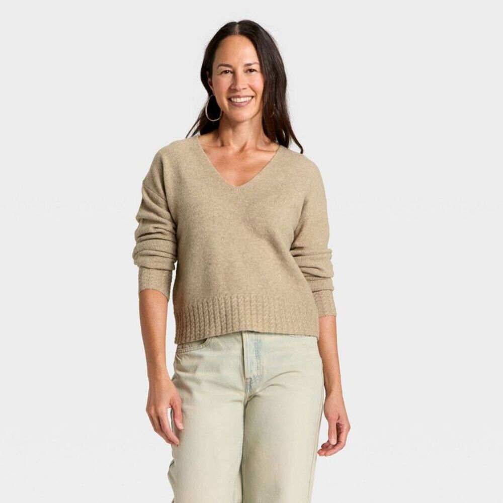 Women's Cable Trim V-Neck Pullover Sweater - Universal Thread Taupe S